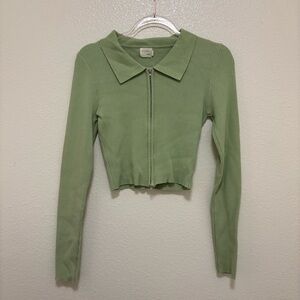 Green Ribbed Zip-Up Cardigan
